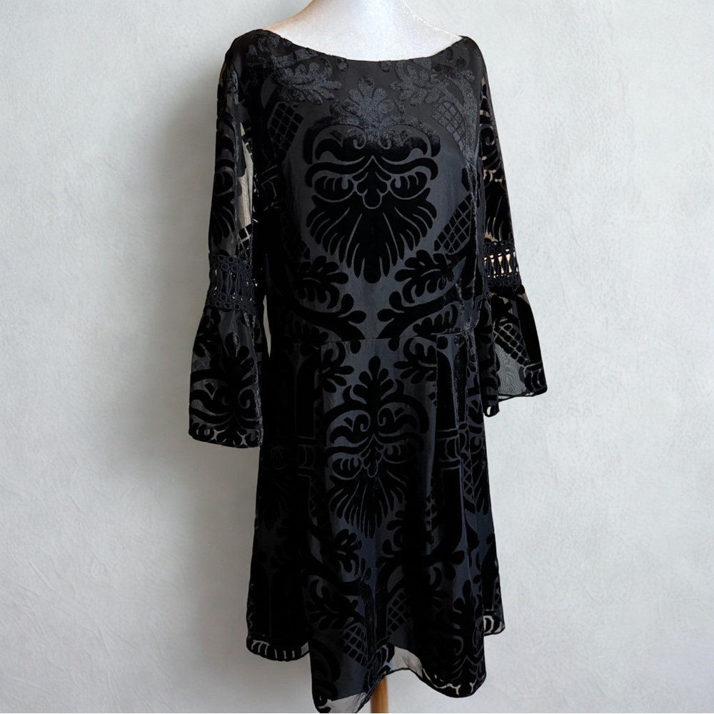 Eliza J Velvet Burnout LBD Women’s Sz 12 Bell Sleeves Cocktail Whimsigoth Dress